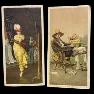 1892 Victorian Trade Cards Newsboy Plug Tobacco The Last Look & Waiting Fishing